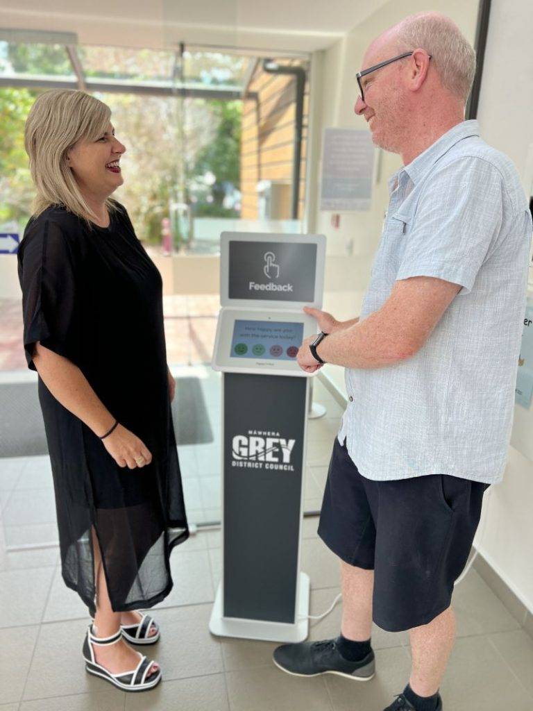 Grey District Mayor Tania Gibson and Grey District Council Customer Service Supervisor Chris McCracken explore the new platform.